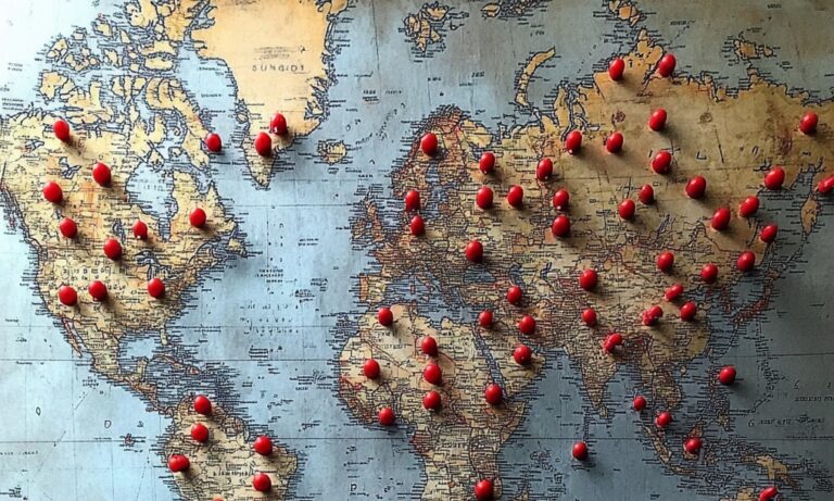 a world map with red pins --v 6